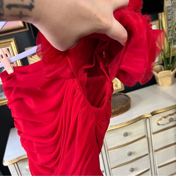 Vintage Cache Red One Shoulder Flower Mini Dress Size Small - Picture 6 of 11